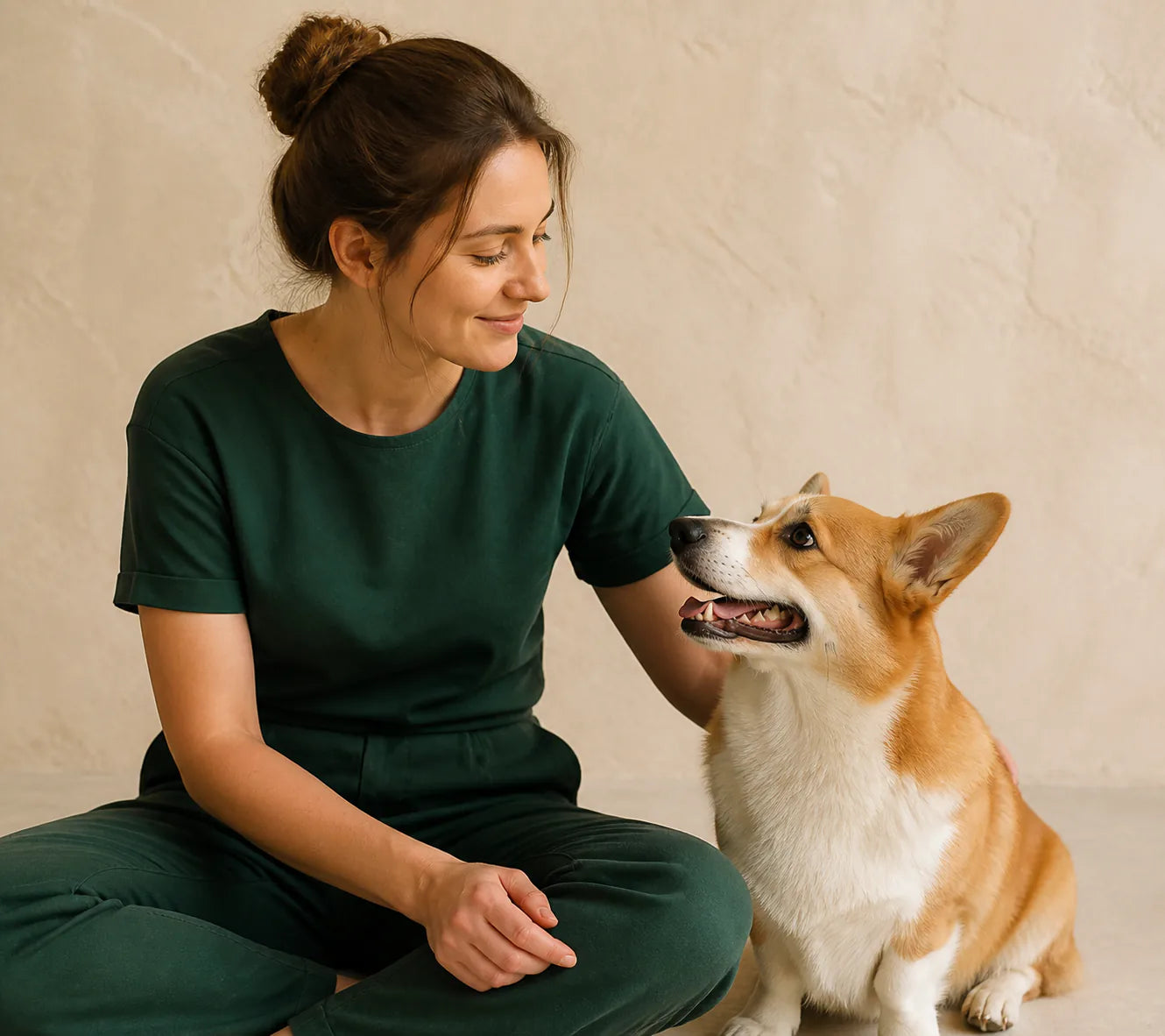 Frau in Grün mit einem aufmerksamen Corgi
